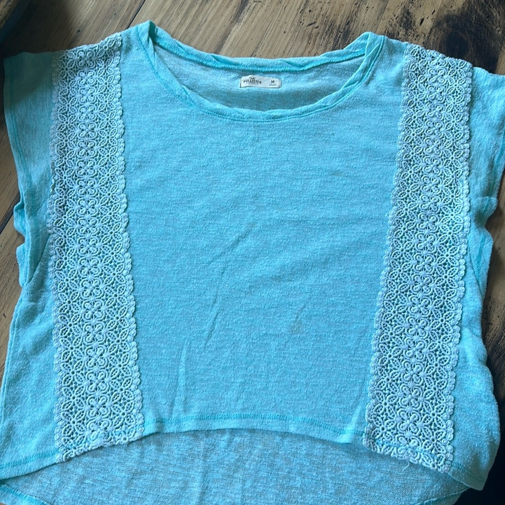 Hollister Womens Short Sleeve Sweater Shirt Size Medium Embroidered Blue